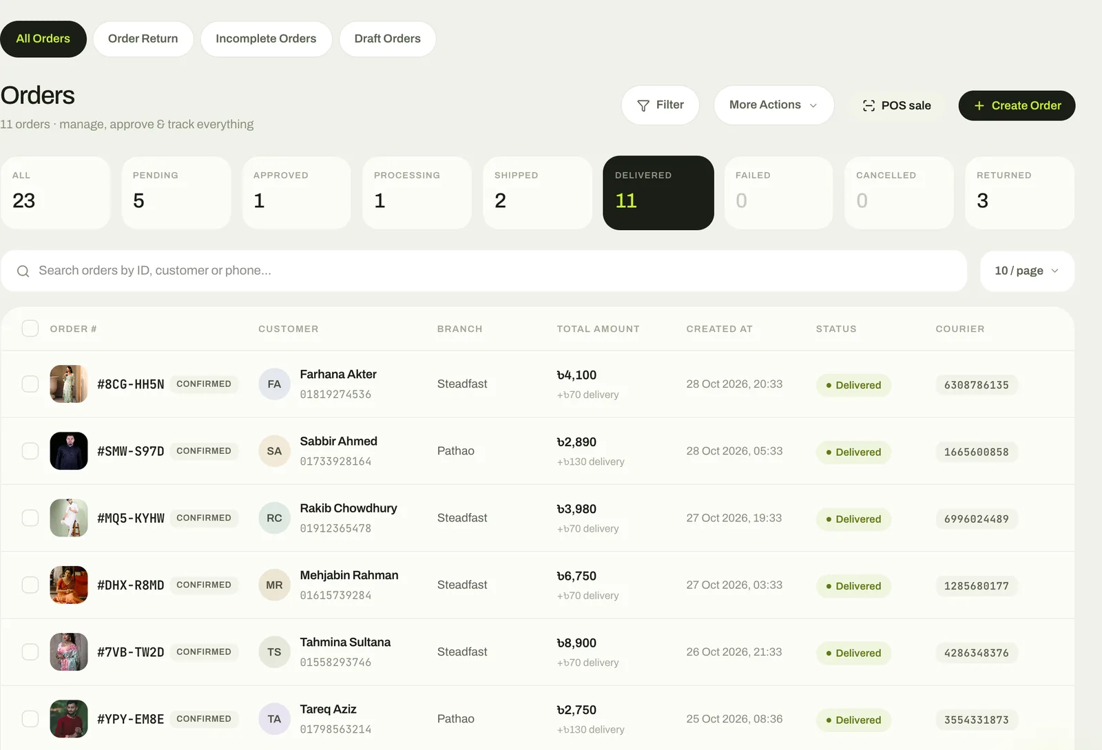 Dakio Orders page filtered to Delivered: eleven orders, each with its courier, Steadfast or Pathao, and the tracking number