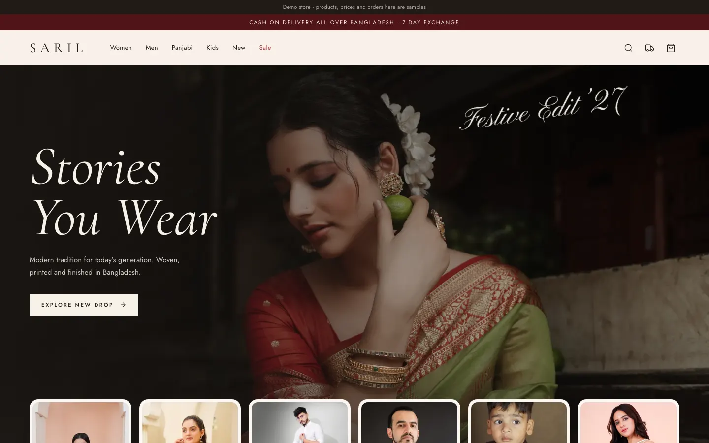 The Saril website on a Dakio theme: a festive saree banner, the menu for women, men, panjabi and kids, and cash on delivery all over Bangladesh